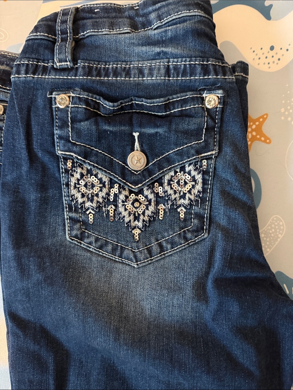 Stella in dreams Dark Blue Boot Cut Jeans with Embroidered Sequin Back Pocket